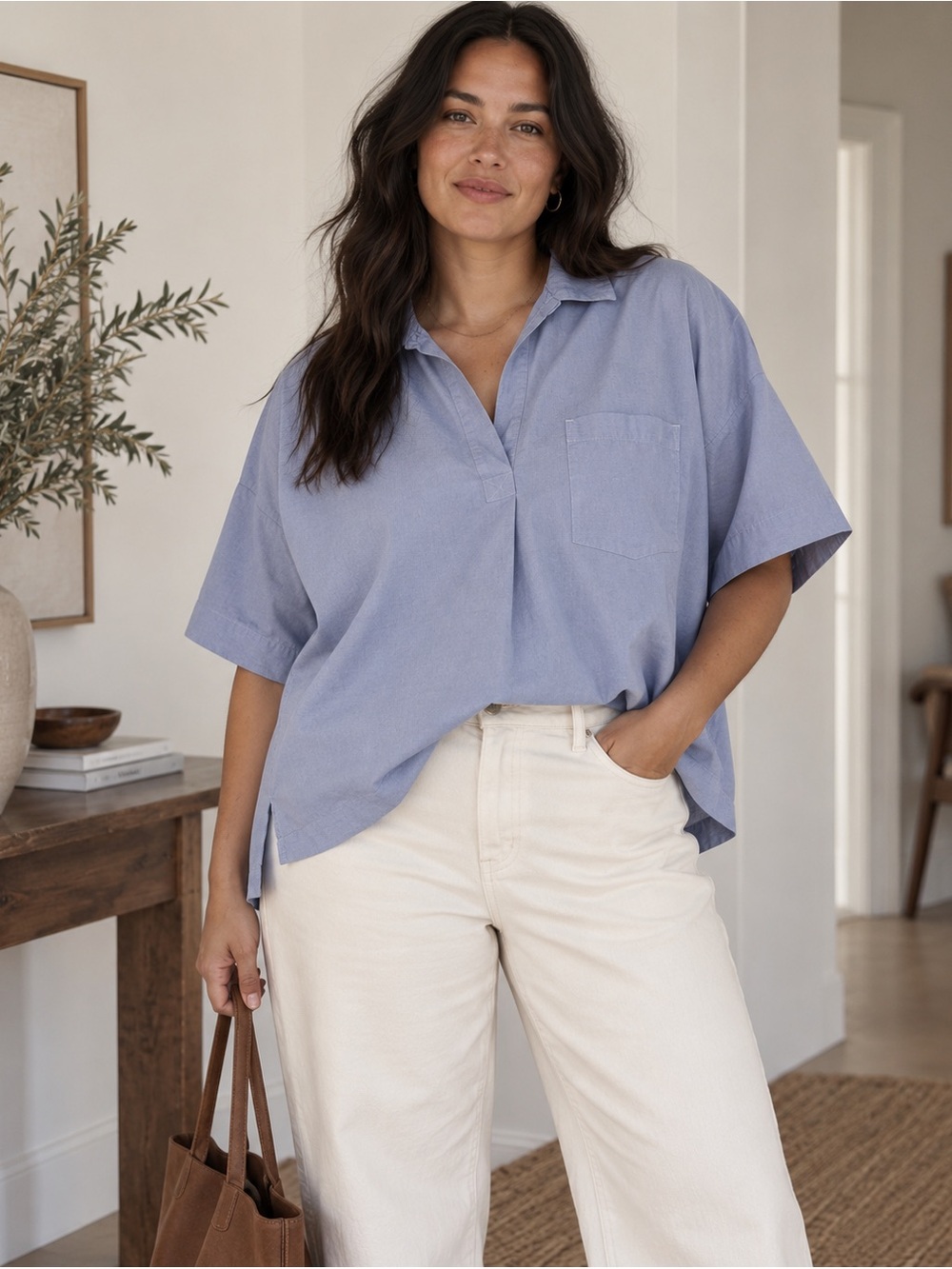 Everlane Size 16 Oversized Cotton Popover Shirt Light Blue Short Sleeve